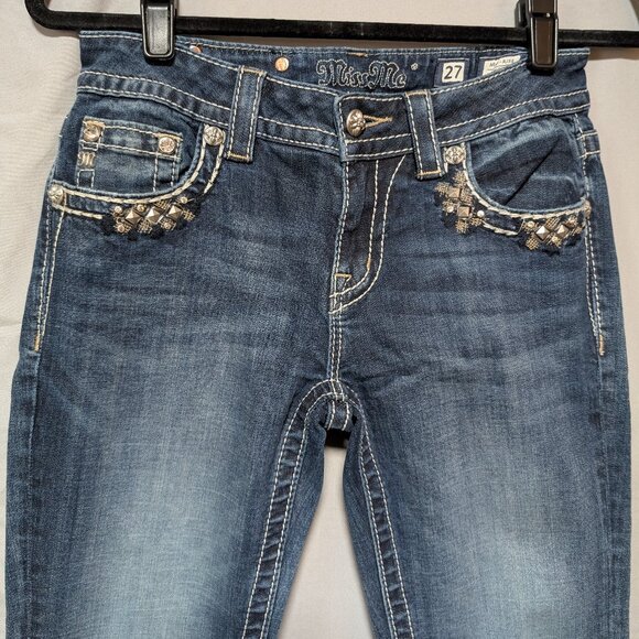 Miss Me Women's Medium Wash Mid-Rise Skinny Jeans Bling Embellished Size 27 - Picture 2 of 9